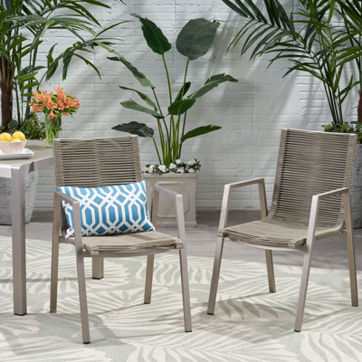 Outdoor Modern Aluminum Dining Chair With Rope Seat (Set Of 2), Silver And Taupe, Chair