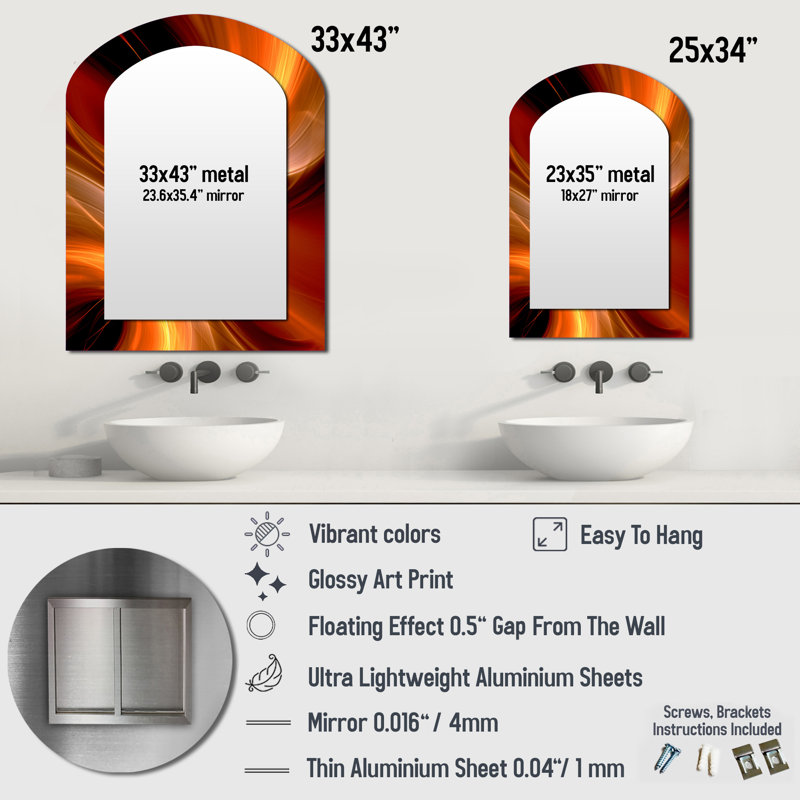 «Knizair Orange Abstract Warm Fractal Design II - Fractals Asymmetric Unique Wall Mirror», 34 po x 25 po