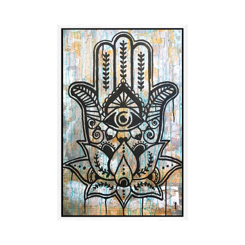 Hamsa Lotus - Print on Canvas, 66.04 cm H x 45.72 cm W, White Framed
