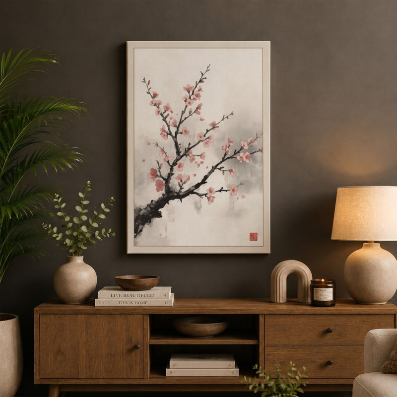 Spring Blossom Branch Japandi - Wrapped Canvas, 36x24 - 91.4 x 61.0 cm, Black Border