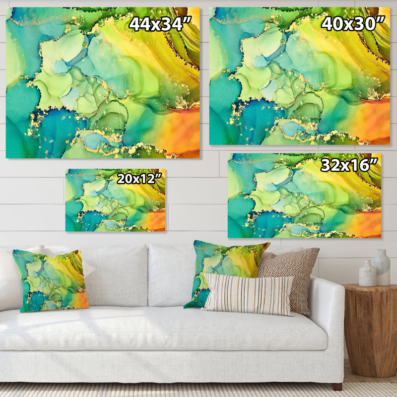 «Green and Yellow Luxury Abstract Fluid Art», peinture sur toile, Toile tendue, H 34 po x l 44 po, Sans cadre