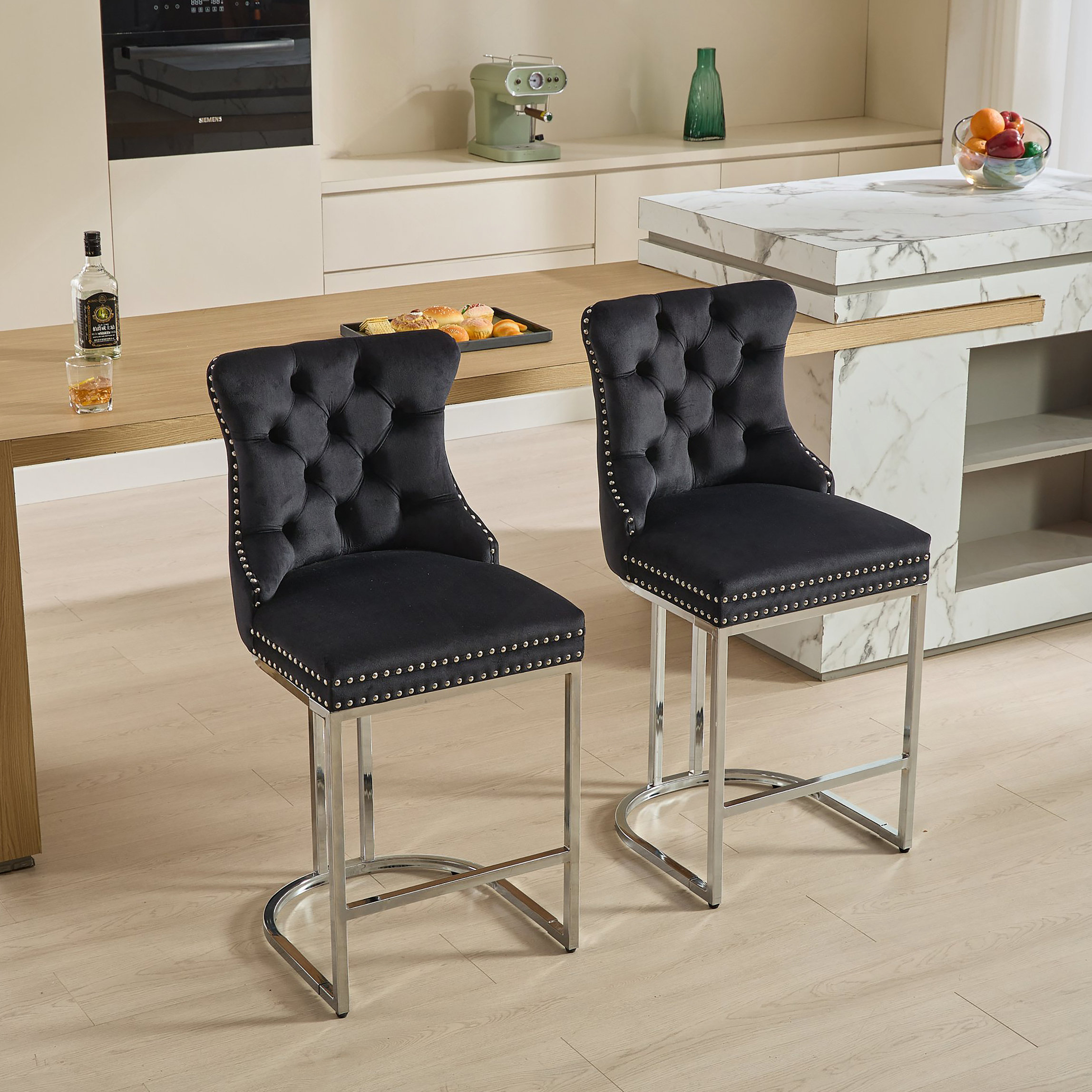 Mercer41 25" Counter Height Bar Stools Set Of 2, Modern Velvet ...