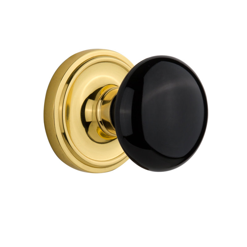 Rosette classique avec bouton de porte en porcelaine noire, Laiton poli