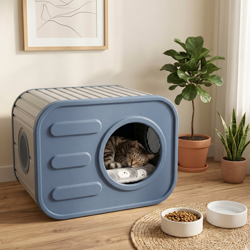 Maison pour chat en résine avec coussin moelleux - Résistant aux intempéries, intérieur / extérieur, facile à nettoyer