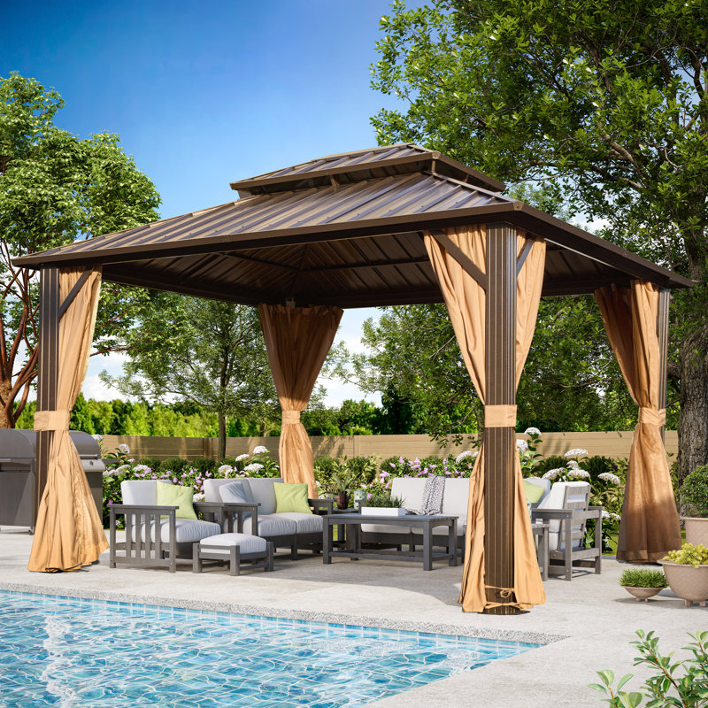 Outdoor Hardtop Gazebo with Aluminum Frame & Double Galvanized Steel Roof, Heavy Duty Permanent Pavilion with Netting & Curtains for Patio, Lawn, Deck