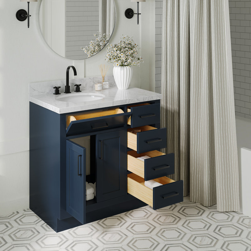 ARIEL HEPBURN 37 IN RIGHT OFFSET RECTANGULAR SINK VANITY 1,5 IN, Left, Oval, Midnight Blue