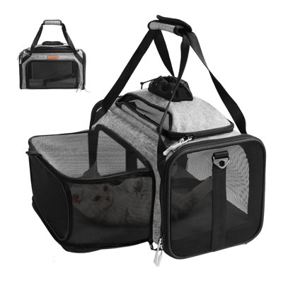 Sac de transport pour chat extensible sur le dessus et sur le côté pour les petits animaux de compagnie jusqu'à 10 lb - 17 x 11 x 9,5 po, sous le siège, transporteur de chat approuvé par la compagnie aérienne, avec boucle de sécurité et filet anti-rayures - Gris