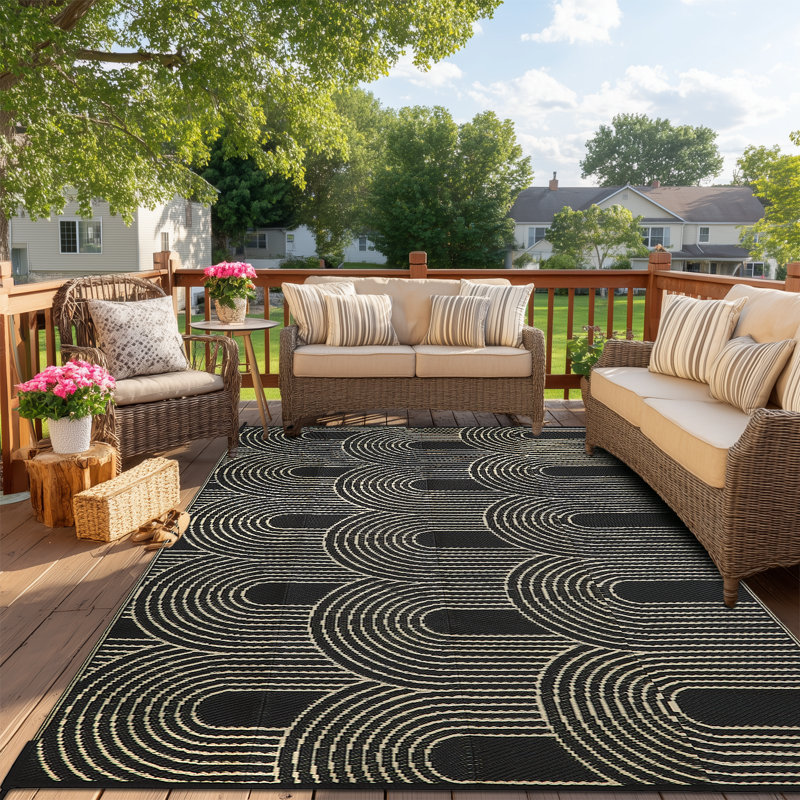 Geometric stripes Linen/black Indoor/Outdoor Rug, 5*8ft/152*244cm
