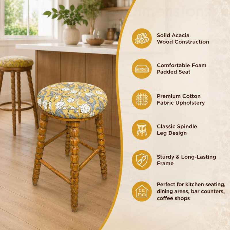 Tabouret de bar rembourré Spindle avec structure en bois d'acacia massif, parfait pour le confort et la durabilité dans les cuisines et les bars modernes.