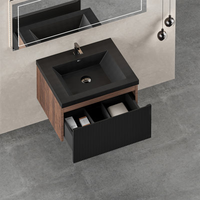 Meuble-lavabo de salle de bain flottant 24 po avec lavabo 24 po, meuble de rangement mural moderne à rayures avec tiroirs à fermeture en douceur et cuve à quartz noir