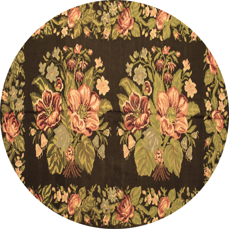 Tapis en chenille / polyester tissé à la machine à motif floral en chenille brun / noir / rose, Rond 4 pi