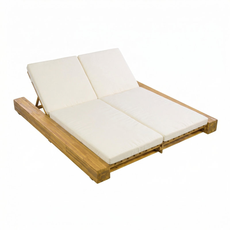 Atua Outdoor Acacia Wood Double Chaise Lounge With Water-Repellent Cushions And Adjustable Back, Cream