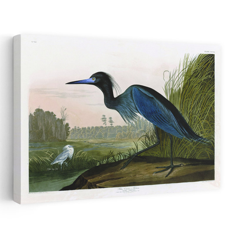 Grue bleue, oiseau abstrait, paysage côtier, art, H 16 po x l 24 po