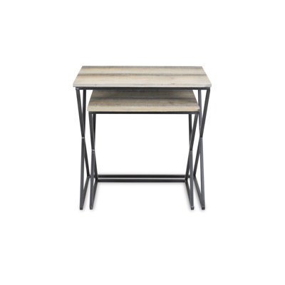 Ensemble de deux tables gigognes en bois massif brun et noir et structure en acier