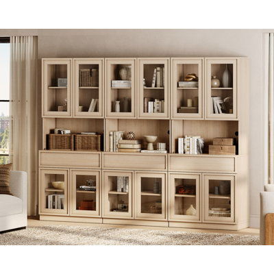 Modern 72" Tall Bookshelf with Glass Doors, Drawers & Adjustable Shelves, Closed Storage Cabinet and Glass Display Shelves, Wooden Bookcase for Home Office Living Room