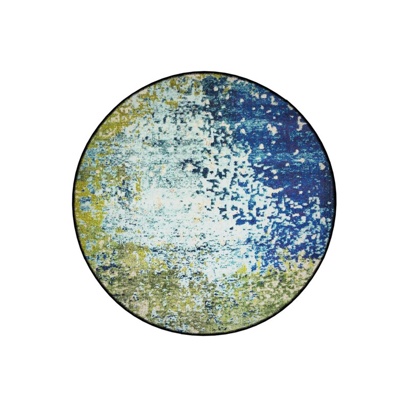 Green Blue Abstract Traditional Patterned Round Woven Base Vintage Decorative Carpet, Round 4'
