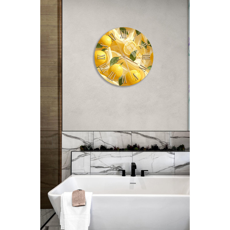 Horloge murale citron en verre trempé, décor de cuisine de fruits jaunes, horloge de style maison de campagne, cadeau maison moderne, horloge d'art agrume