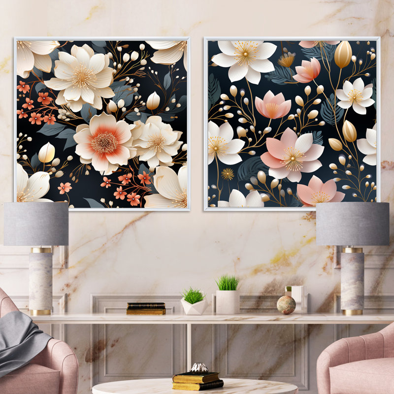 Isabella - Ensemble de 2 collages carrés botaniques abstraits, Cadre flottant blanc, H 36 po x l 73 po