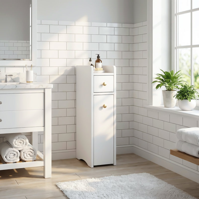 White Bathroom Cabinet With Two Drawers And Casters