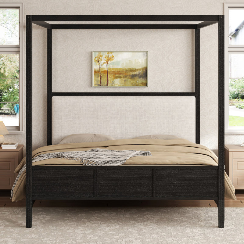 Lit plateforme à baldaquin en bois avec tête de lit tapissier, sans sommier tapissier, élégant et durable, Queen, Black