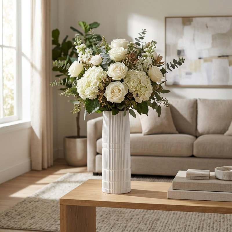 Rachael Modern Neutral Ceramic Vase, White, 15" H x 5" W x 5" D