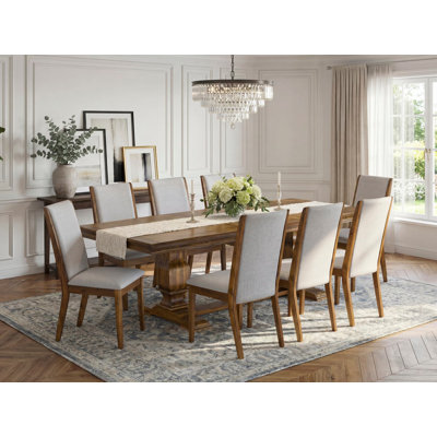 9 Pieces Modern Dining table set consists of a Rectangular Dining Table and 8 Grey Linen Fabric Dining Chairs, Antique Walnut finish