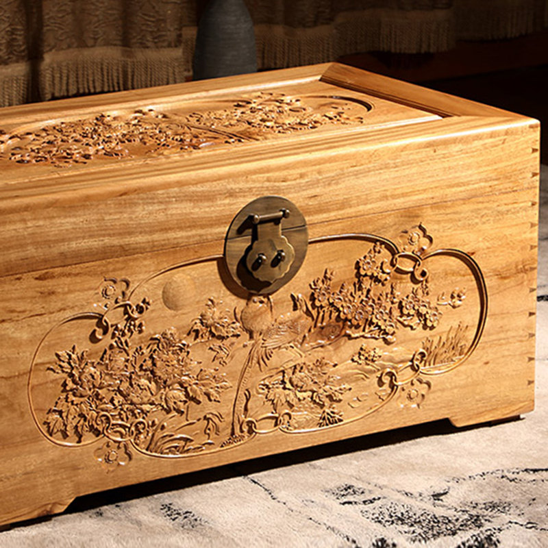 Hand-Carved Solid Wood Small Accent Trunk, Burlywood