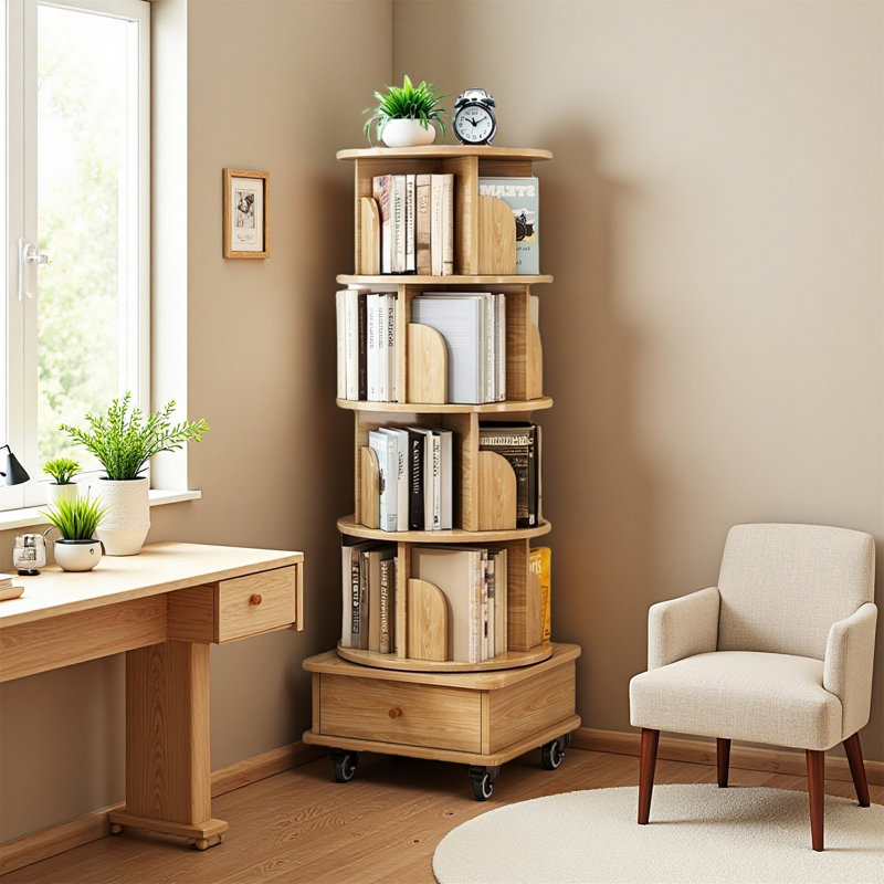 5 Tier Rotating Bookshelf – 360° Display Round Spinning Bookshelf With Wheels For Space-Saving Storage, Perfect For Small Spaces In Bedroom, Living Room, Home & Office, Oak