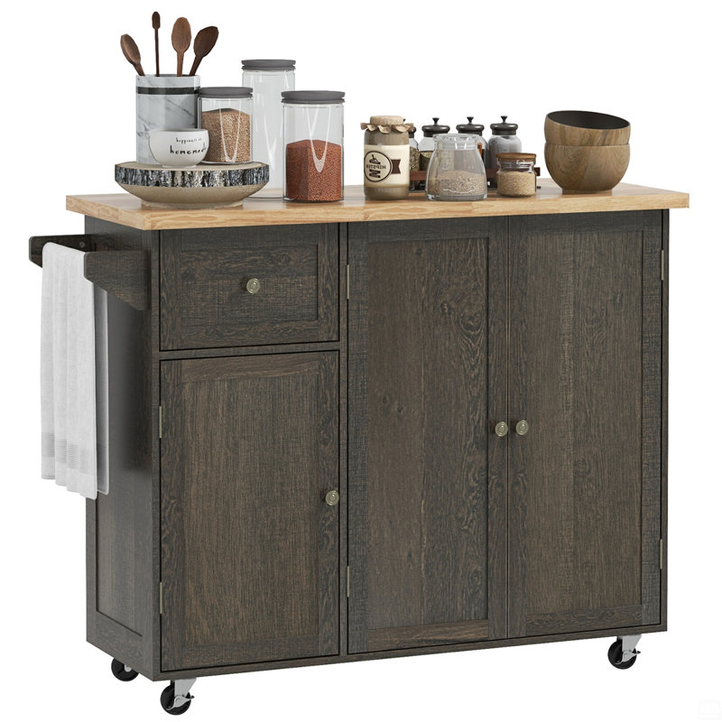 Triple-Cabinet Rolling Kitchen Island On Wheels, Kitchen Cart With Storage Shelf Adjustment, Rolling Utility Cart With Wood Top, Towel Rack, Big Drawer