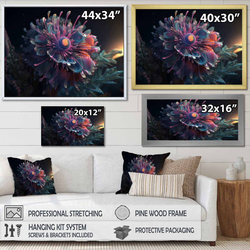 Futuriste fleur mauve Dahlia I - reproduction sur toile, 16" H x 32" W, Cadre flottant noir