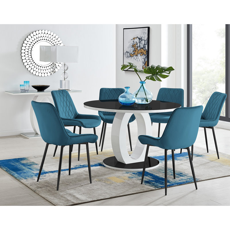 Scottsmoor High Gloss Round Dining Table Set with Luxury Velvet Upholstered Dining Chairs, Blue/Black, Black
