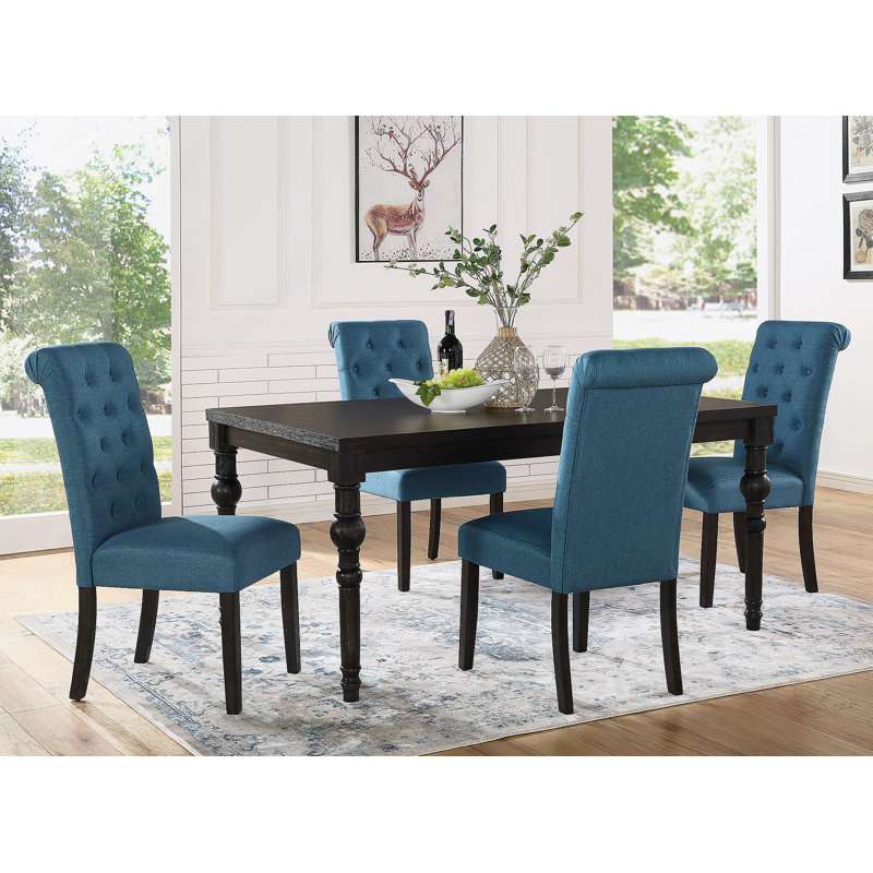 Ensemble de salle à manger à pieds tournés en bois de style urbain foncé avec une table et quatre chaises, Bleu