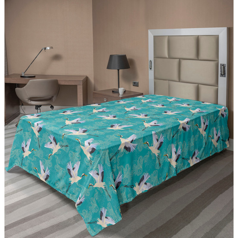 Ambesonne Flowers Flat Sheet Nostalgia Farmhouse, Seafoam Ceil Blue Beige