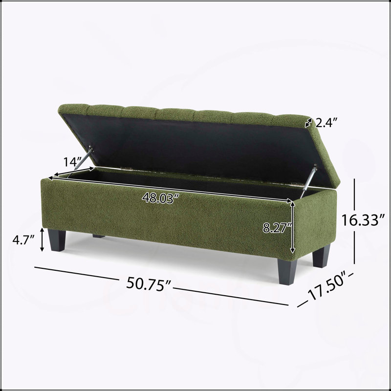 Stylish Green Boucle Ottoman Bench with Ample Storage and Durable Rubber Wood Legs, 300 lbs Capacity, Green