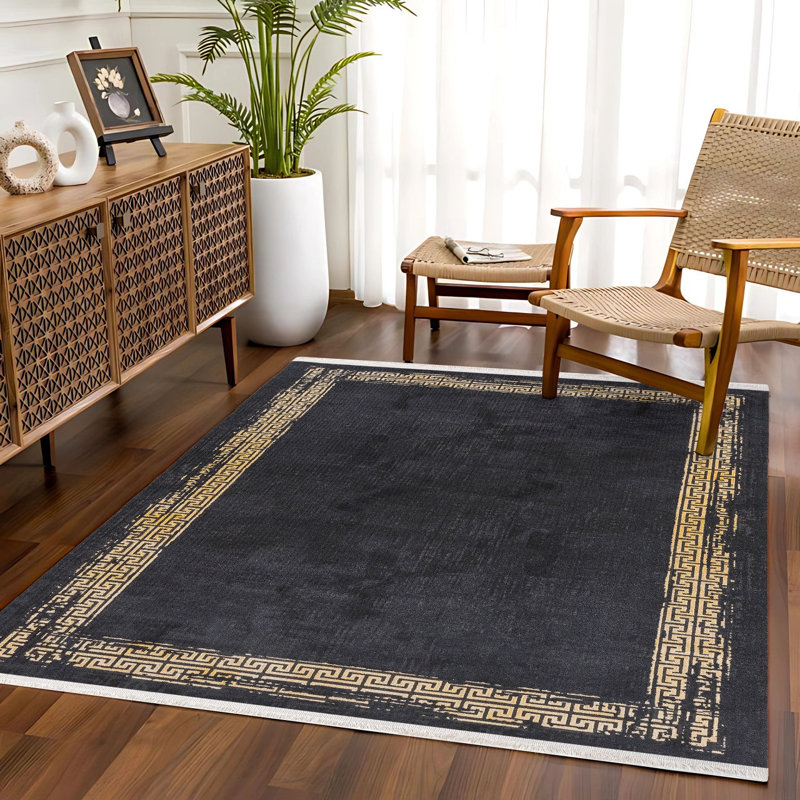 Tapis noir tissé antidérapant à motif numérique imprimé géométrique noir