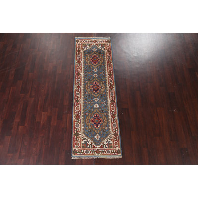 Tapis de couloir oriental bleu clair en laine Heriz Serapi 3X8