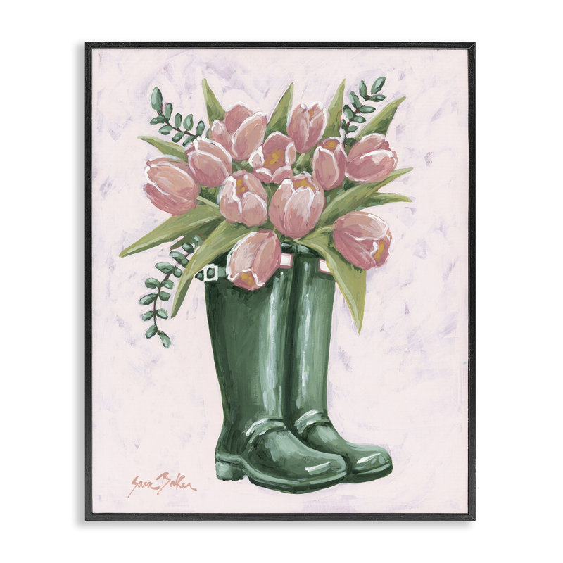 Giclée rose encadrée par des tulipes roses, design par Sara Baker, H 20 po x l 16 po, Giclée encadrée noir minuit