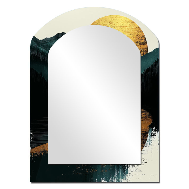 Lever de soleil sur la forêt et les pics Solitude Horizon I - Miroir décoratif en métal sur arche, 34 po x 25 po