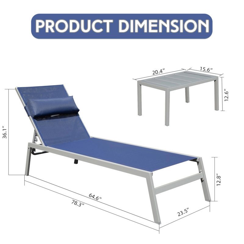 Patio Chaise Lounge Set Of 3, Aluminum Pool Lounge Chairs With Side Table, Outdoor Adjustable Recliner All Weather For Poolside, Beach, Yard, Balcony (Navy Blue)