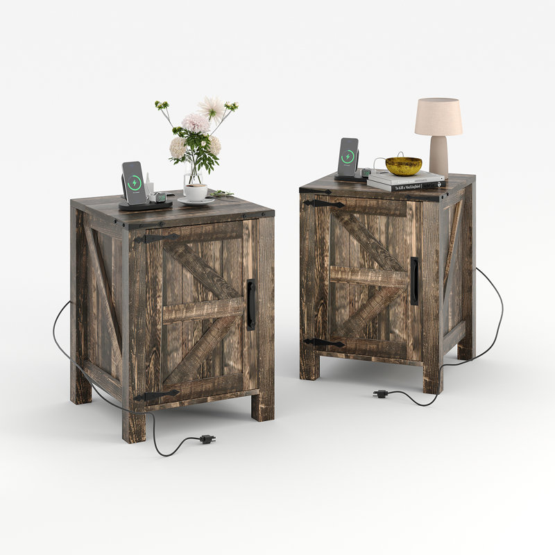Farmhouse Nightstand set of 2 with USB Charging Station, Rustic Bedside Table with Sliding Barn Door & Adjustable Shelf, 18 Inch Two-Tier End Table for Bedroom Living Room