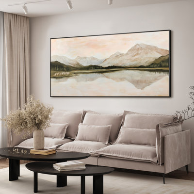 Extra Large Wall Art Fabric Print - Neutral Tones Mountain Lake Landscape Art, Serene Pastoral Reflection Artwork Decor for Living Room or Bedroom - "Frame Assembly Required (Unfinished Frame)"