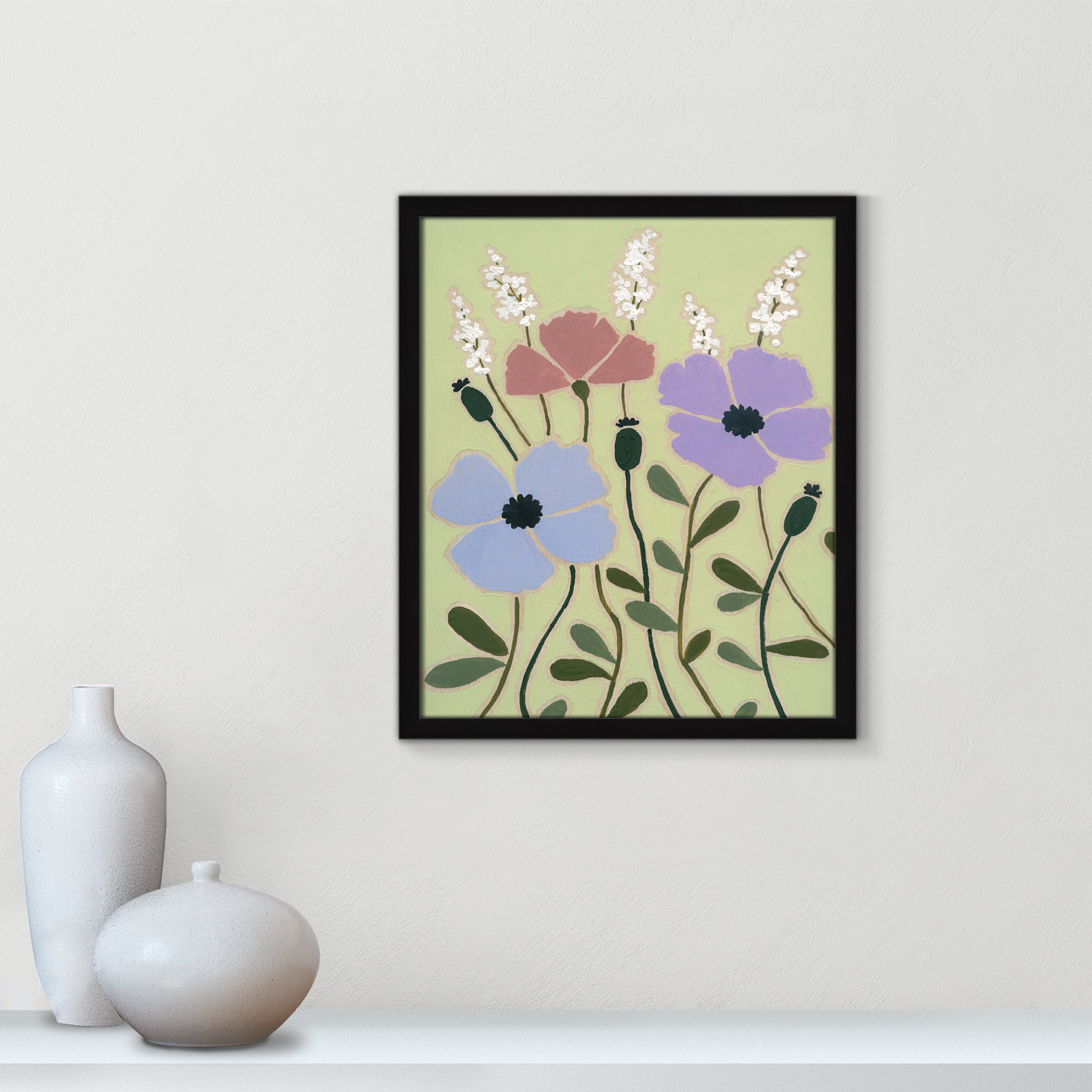 Woodblock Floral III by - Single Picture Frame Print, Satin Black Framed, 19" H x 16" W x 1.25" D