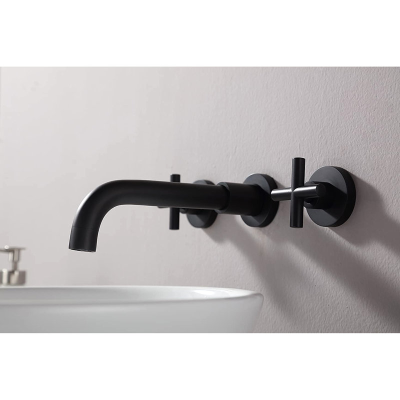 Robinet de salle de bain mural noir mat avec poignées doubles - Rouille, corrosion, égratignure, ternissure, tache, débit de 1,5 gallon par minute, bec de 8 po de hauteur, plate-forme de 7 po à portée centrale de 3 po, débordement de l'ensemble de drain
