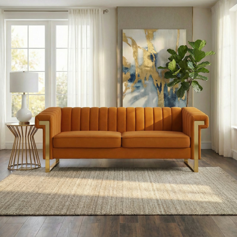 Canapé en velours à accoudoirs carrés de 83,86 po Kevionna, Velours orange
