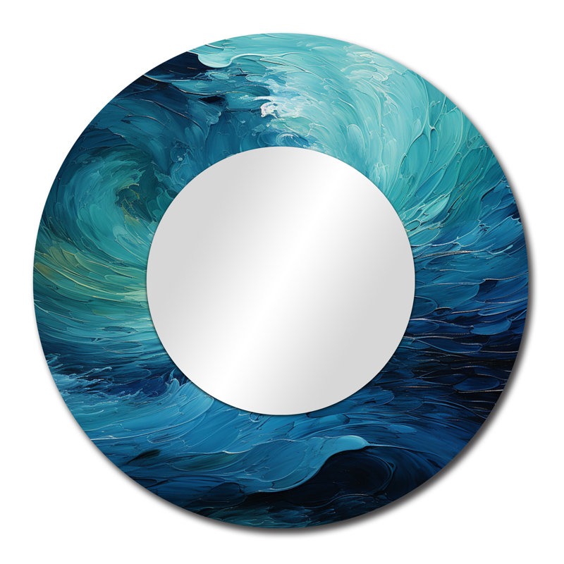 Aqua Blue And White Serenity Swirl II - Abstract Spirals Large Mirror, Modern Round Decorative Wall Mirror, Printed Metal Art