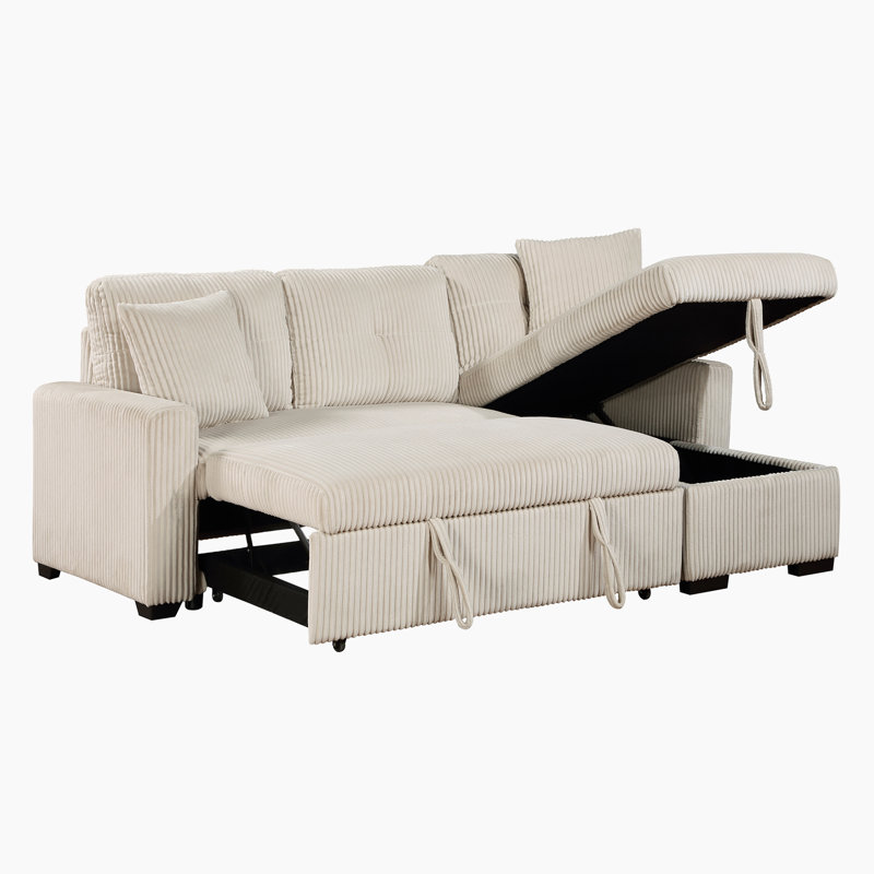 Lamrock 83.5" Transitional Corduroy 3-Piece Reversible Sectional with Pull-Out Bed & Hidden Storage, Beige Corduroy