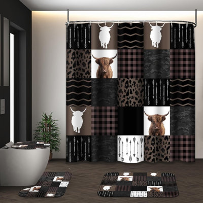 Highland Cow Aztec Pattern Bathroom Mat Kit, 4 Pack, Brown