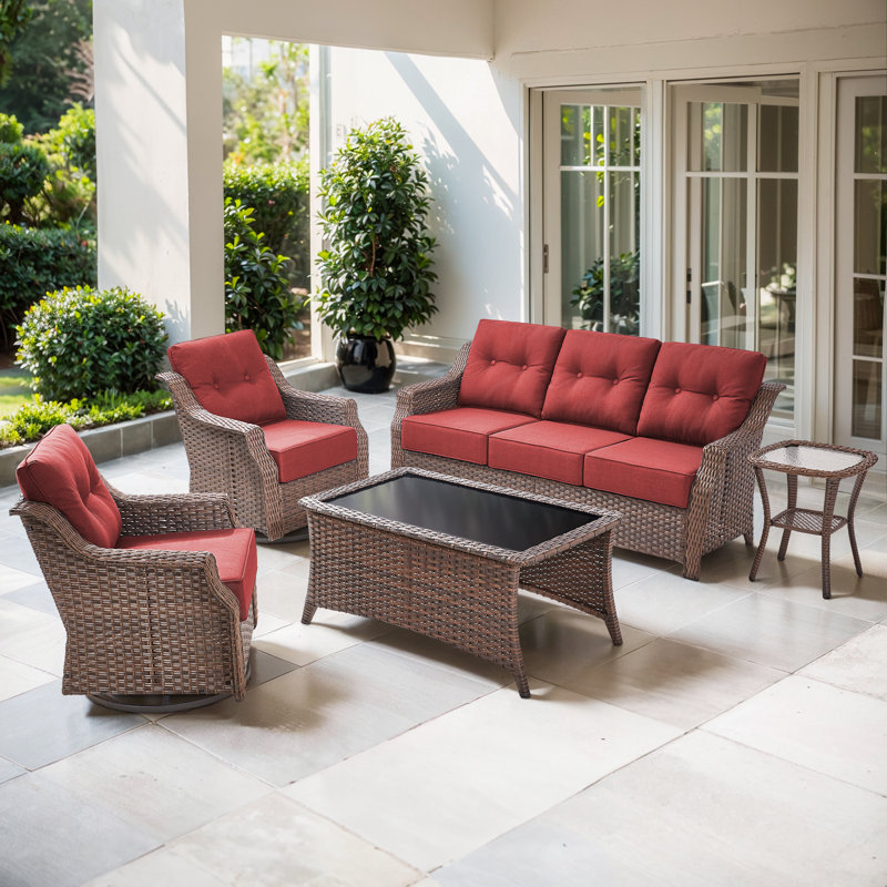 Acton 5 - Preson Outdoor Wicker Sofa Seating Group With Table And 6" Thick Cushions, Red