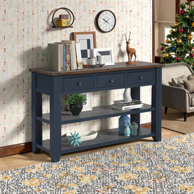 Console 48 po en bois de pin massif avec 3 tiroirs et 2 tablettes
