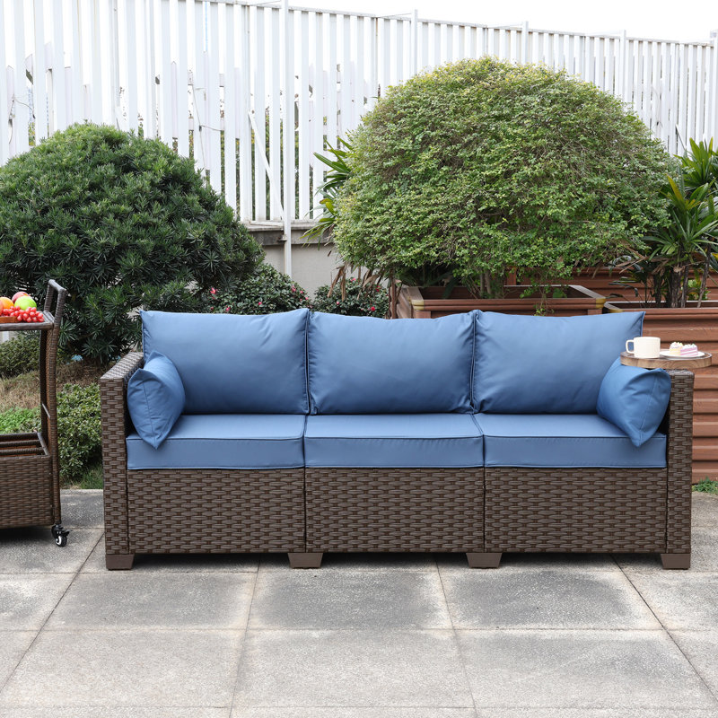 Ailina 79'' Wide Outdoor Wicker Patio Sofa with Anti-slip Cushions and Waterproof Cover, Navy Blue, Brown